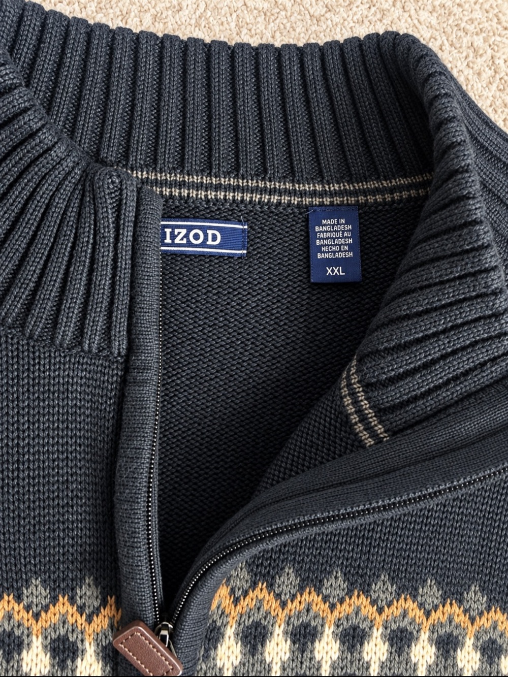 Izod Men's Navy Zip-Up Sweater with Fair Isle Accent